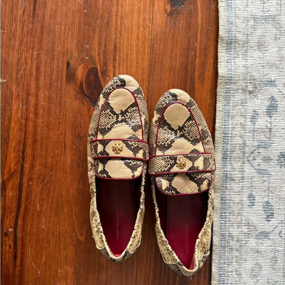 Tory Burch Snakeskin Loafers with Red Trim